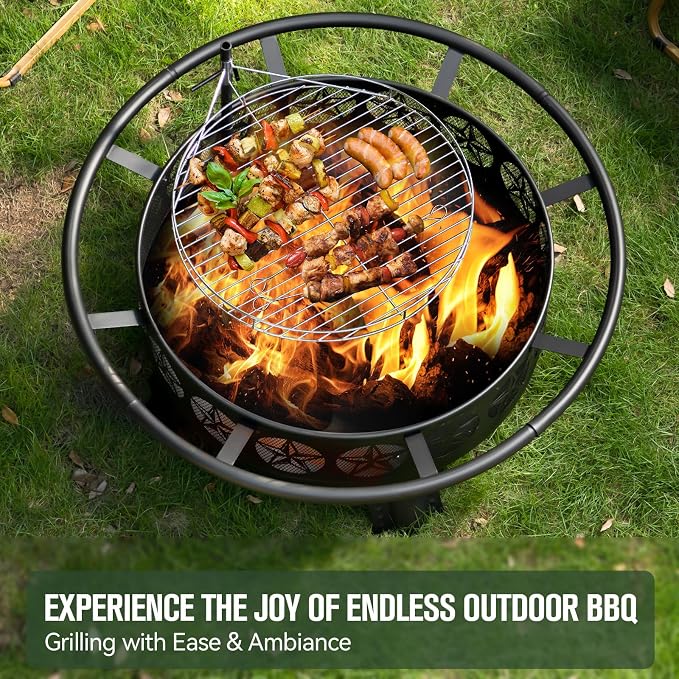 Verdeluxe 38” Wood Burning Fire Pits for Outside,3-in-1 Fire Pit with Grill, Spark Screen & Fire Poker,Outdoor Firepit Table with Swivel Cooking Grate for Yard BBQ Bonfire Patio Camping (38 inch) - Image 4