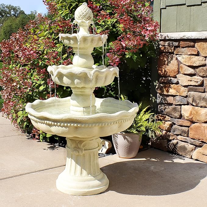 Sunnydaze 51-Inch Electric Water Fountain - Outdoor Water Feature - 3-Tier Outdoor Fountain with Pineapple Top - White