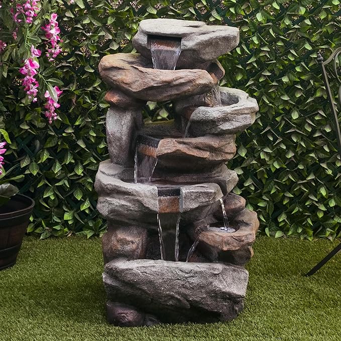 Alpine Corporation WIN1484S Cascading Natural Stone Fountain with LED Lights, Waterfall for Garden, Patio, & Lawn, 41" H