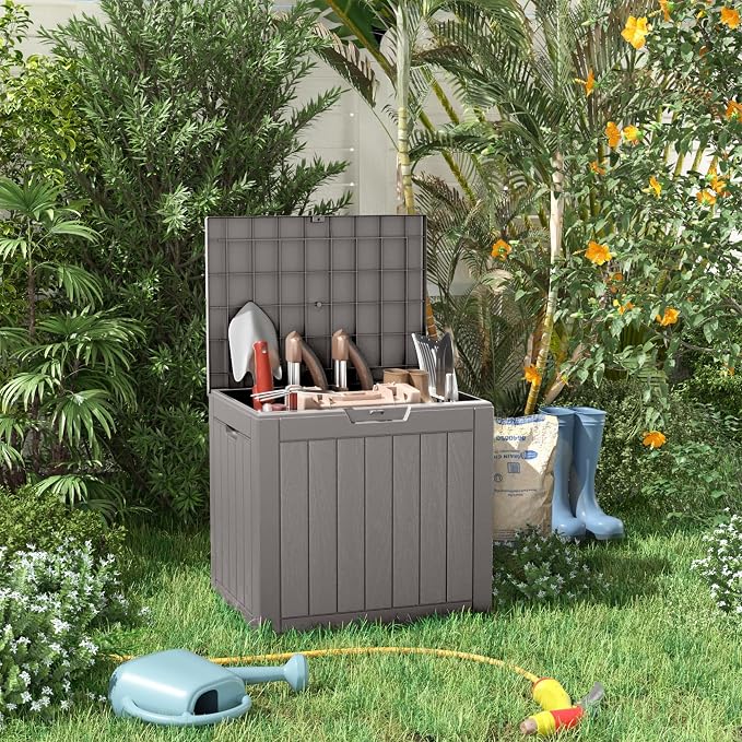 PatioZen 31 Gallon Resin Deck Box, Lockable Patio Outdoor Storage Box for Furniture, Garden Tools and Tools Storage, Waterproof Outside Storage Boxes - Grey - Image 5