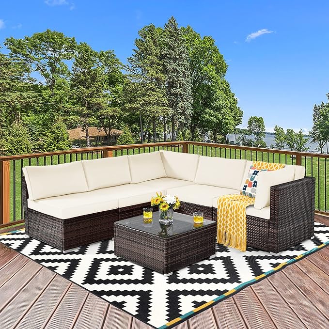 Tangkula 6 Pieces Patio Furniture Set, Outdoor Wicker Conversation Set with Glass Coffee Table, Wicker Sofa Set with Back & Seat Cushions, Rattan Sectional Conversation Set for Backyard Garden