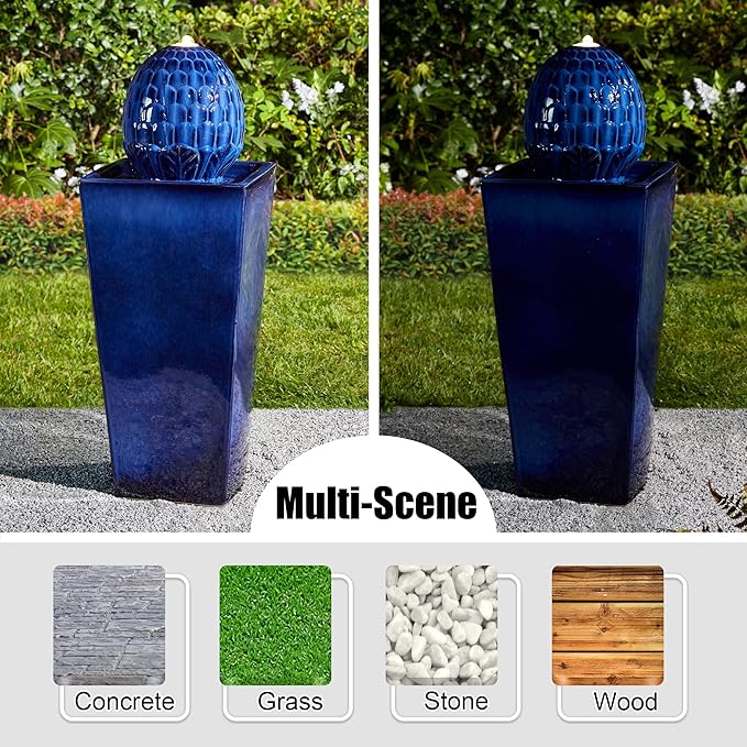 Glitzhome Water Fountain Outdoor with LED Light, Oversized Ceramic Pedestal Garden Fountains Outdoor, Artichoke Outdoor Fountains and Waterfalls Water Feature, Cobalt Blue, 35.75" H