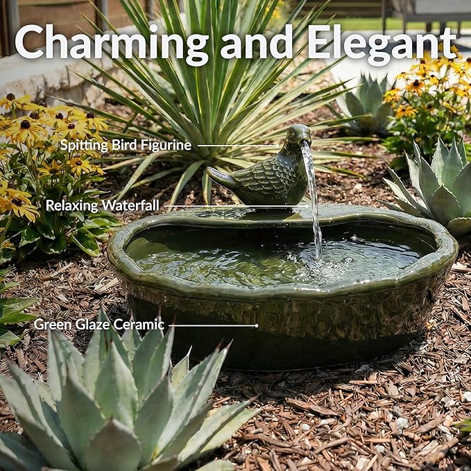 Sunnydaze Ceramic Solar-Powered Water Fountain - Green Glaze - Low-Voltage Submersible Pump with Filter - Dove