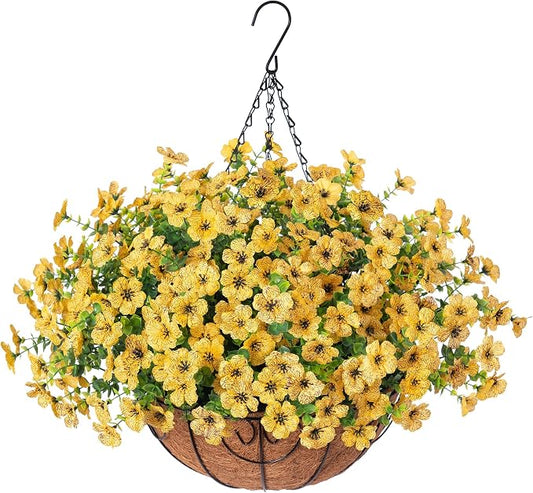 HyeFlora Artificial Fake Fall Hanging Mums Plants Flowers Basket for Outdoor, Autumn Faux Silk Yellow Daisy in Hang Planter Look Real UV Resistant for Porch Home Patio Balcony Yard Decor by HyeFloraartificialflowers