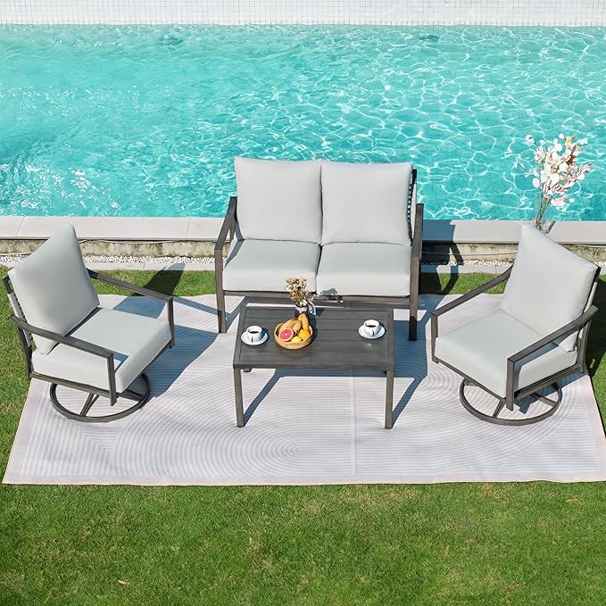 NATURAL EXPRESSIONS Patio Furniture Set,4 Piece Outdoor Conversation Metal Swivel Rocking Chairs Set with Hand-Woven Rope High Back,Sturdy Hand Brushed Wood Grain Finish Frame,6" Cushions for Yard