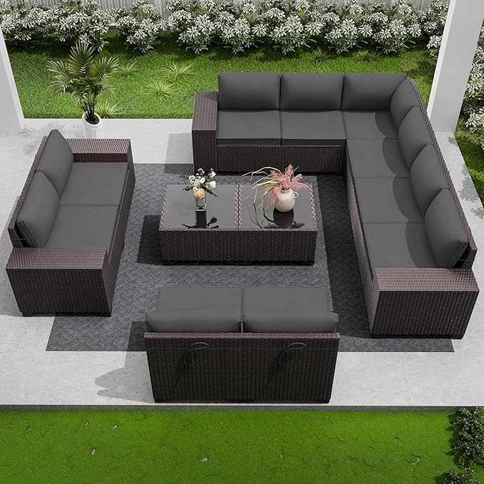 12 PCS Outdoor Patio Furniture Set,Outdoor Sectional Furniture All Weather PE Rattan Wicker Patio Conversation Set with 2 Coffee Tables and 10 Thickened Cushions,Grey