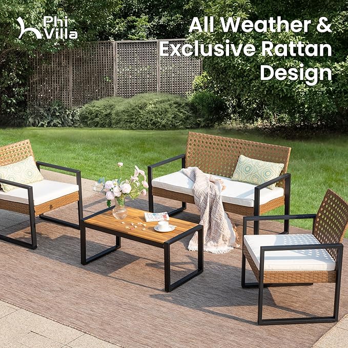 PHI VILLA Patio Wicker Furniture Set for 4, Brown Rattan Loveseat & Chairs with Beige Cushions & Acacia Wood Coffee Table, Outdoor Conversation Sofa Set for Deck, Yard, Porch (Round Hole Back)