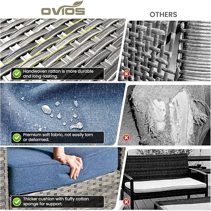 ovios Patio Furniture Set, 5 Pieces Outdoor Wicker Sofa Couch with Chairs, Ottomans and Comfy Cushions, All Weather High Back Rattan Conversation Set, Denim Blue
