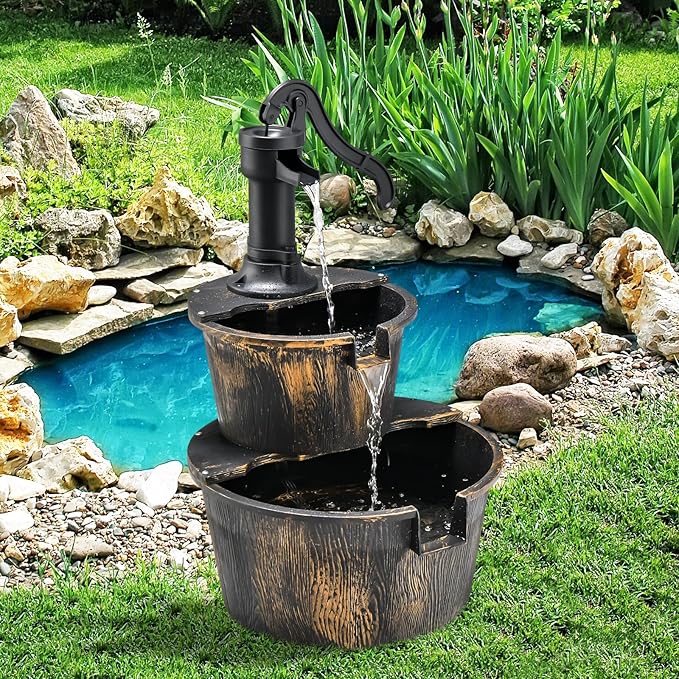 S AFSTAR Water Fountain Outdoor Waterfall Barrel, 2-Tier 27-Inch Barrel and Pump Waterfall Fountain W/Realistic Faux Wood Barrels & Pump Head, Garden Barrel Fountain for Patio Backyard Decor