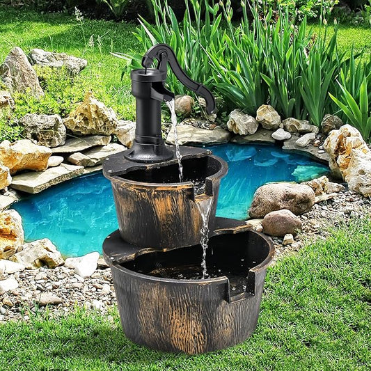 S AFSTAR Water Fountain Outdoor Waterfall Barrel, 2-Tier 27-Inch Barrel and Pump Waterfall Fountain W/Realistic Faux Wood Barrels & Pump Head, Garden Barrel Fountain for Patio Backyard Decor