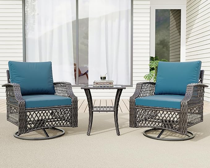 HOMREST 3 Piece Outdoor Swivel Chair Set, Wicker Patio Bistro Set with Thickened 25D Cushions and Glass Coffee Table, Patio Furniture Conversation Set for Deck, Yard, Garden, Poolside(Turquoise)