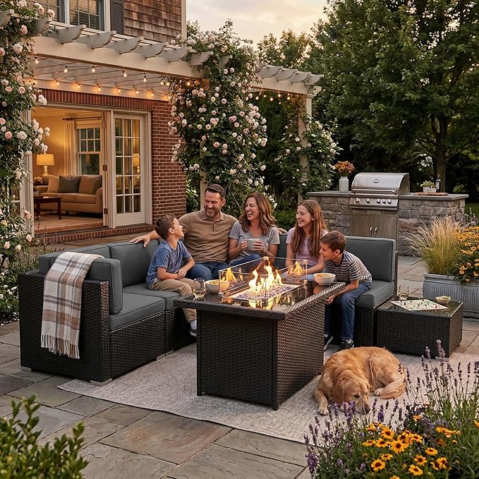 10 Pieces Patio Furniture Set with 44" Propane Gas Fire Pit Table, Outdoor Sectional Wicker Conversation Sofa Sets with Coffee Table