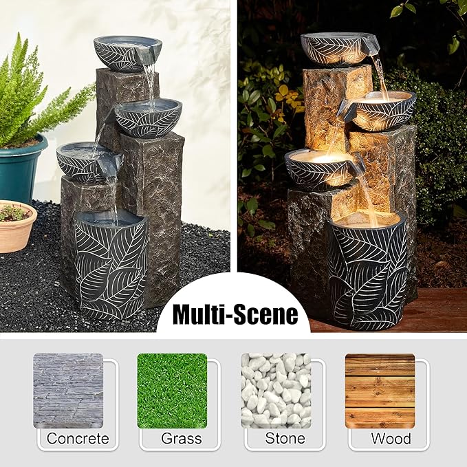Glitzhome 32.75" H Outdoor Garden Water Fountain with LED Lights and Pump, Natural Leaf Textured 4-Tier Resin Cascading Floor-Standing Fountain for Porch Deck Patio Backyard Decoration