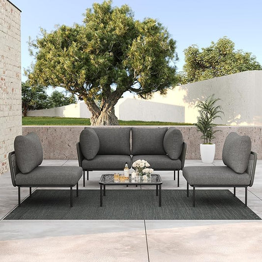 LayinSun 5 Pieces Aluminum Patio Furniture Set, Modern Modular Sectional Sofa with Coffee Table and Upgrade Thickness Cushion
