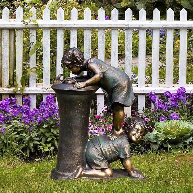 Alpine Corporation GXT472 27" Outdoor Floor Joyful Boy and Girl Drinking Water Fountain, Playful Garden Waterfall with LED Lights – Decorative Water Feature for Patios, Yards, and Gardens, Bronze