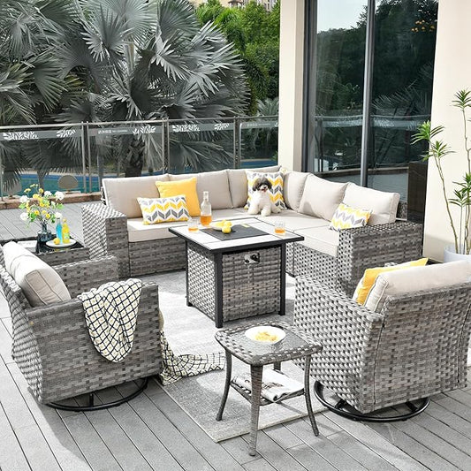 HOOOWOOO 10 Piece Modular Patio Outdoor Sectional Furniture Set with Gas Propane Fire Pit Table,Wicker Conversation Sofa Set with Swivel Chairs,Outside Couch Set(Beige)