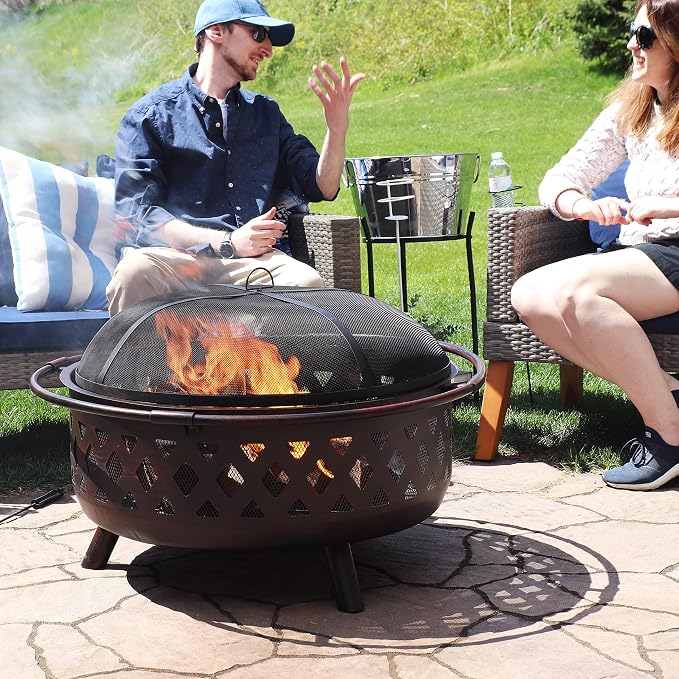 Sunnydaze Crossweave Outdoor Fire Pit - Wood-Burning Fire Pit for Outside with Spark Screen, Poker and Round Cover - 36-Inch - Bronze - Image 8