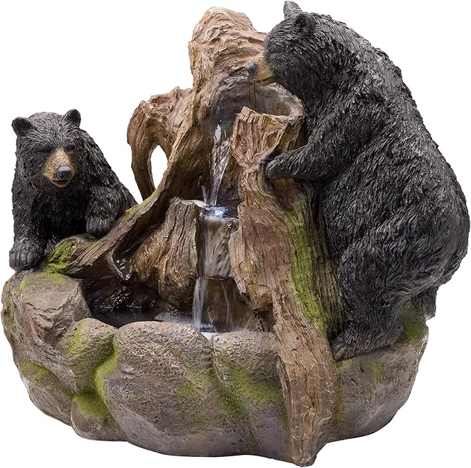 Alpine Corporation GXT252 24" Outdoor Floor Bears Climbing Fountain with LED Lights, Playful Bears Garden Water Feature, Cascading Waterfall for Backyard & Patio Décor, Brown/Black