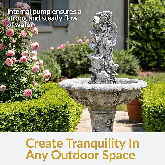 Sunnydaze Fairy Flower Solar Water Fountain - 42-Inch Outdoor Water Feature with LED Light - for Garden, Patio, Decks
