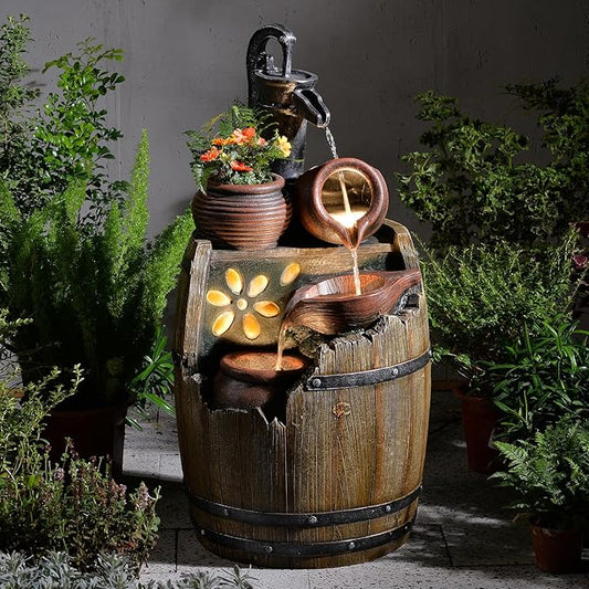 Water Fountain Outdoor 29" H Outside Floor 3 Tiered Rustic Barrel with Light, Pump for Garden, Patio, Deck, Porch, Backyard Home Decor