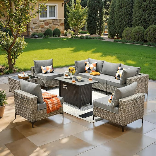 8 Pcs Patio Furniture with Fire Pit Table, Outdoor Rattan Wicker Conversation Set with Glowing Coffee Table, Comfy Sectional Sofa for Porch Balcony Backyard Pool, Grey