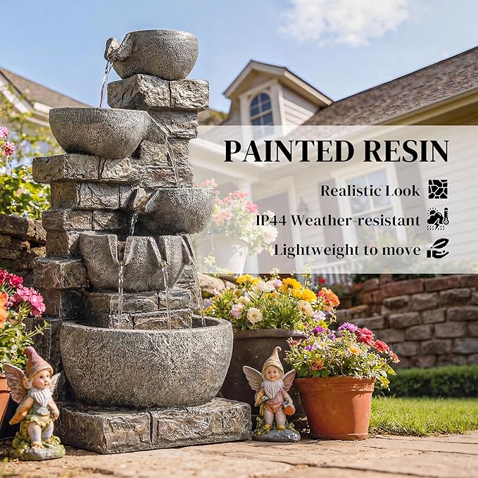 Outsunny 31.5" Tall 5 Tiers Outdoor Water Fountain, Waterfall Fountain with Warm LED Lights, Outdoor Cascading Water Feature for Garden Patio Backyard Porch Home Decor, Stone Gray