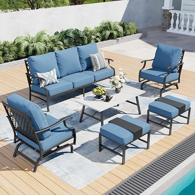 6 Piece Metal Outdoor Patio Furniture Set, Patio Conversation Set 1 3-seater Sofa, 2 Rocking Chair, 2 Ottomans with 5.75" Thick Cushion and Coffee Table, Black Backyard Furniture, Navy