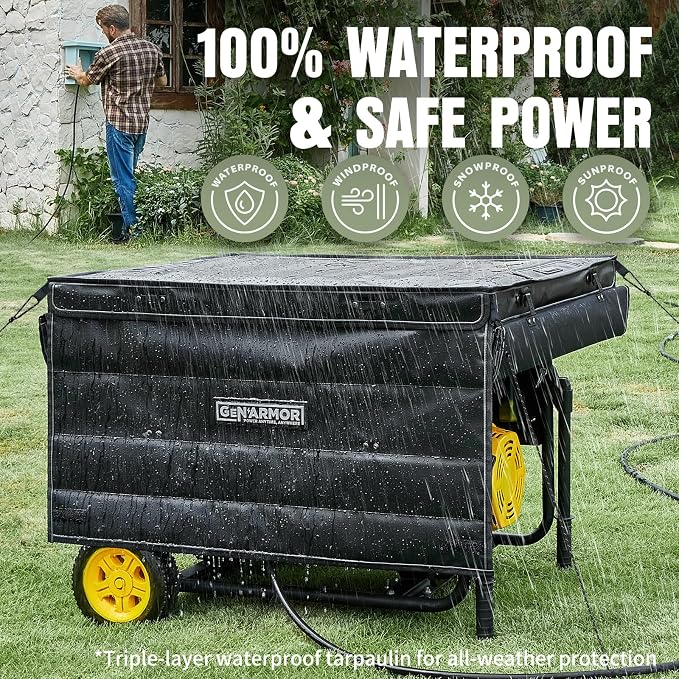 GenArmor Generator Covers While Running, 100% Waterproof Heavy Duty Tarps Generator Tent, Portable Outdoor Generator Enclosure for Most 4000w~13000w Generators, Black, Windproof Kit Version - Image 2