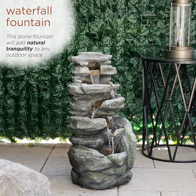 Alpine Corporation 24" H Outdoor Waterfall Floor Fountain with White LED Lights, Gray