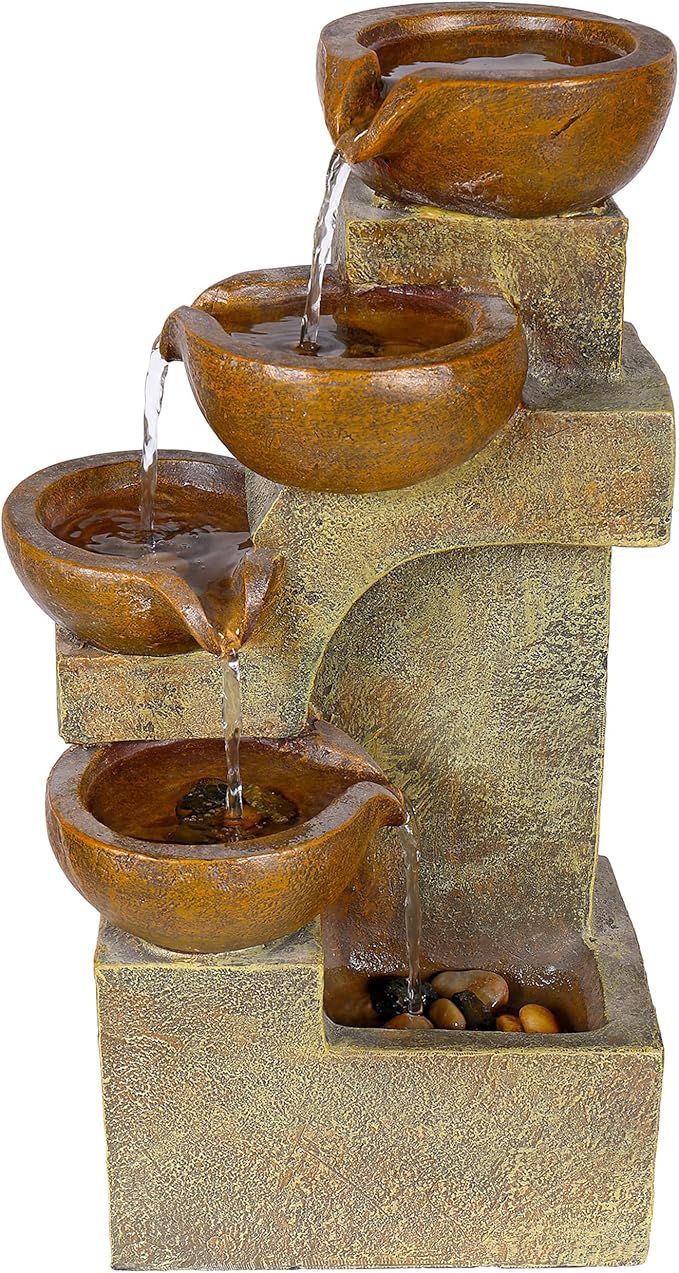Alpine Corporation WCT726 | 16"H Indoor/Outdoor Tabletop Tiered Pouring Pots Waterfall Fountain — Natural Stone-Look Finish Adds Rustic Charm — Brown