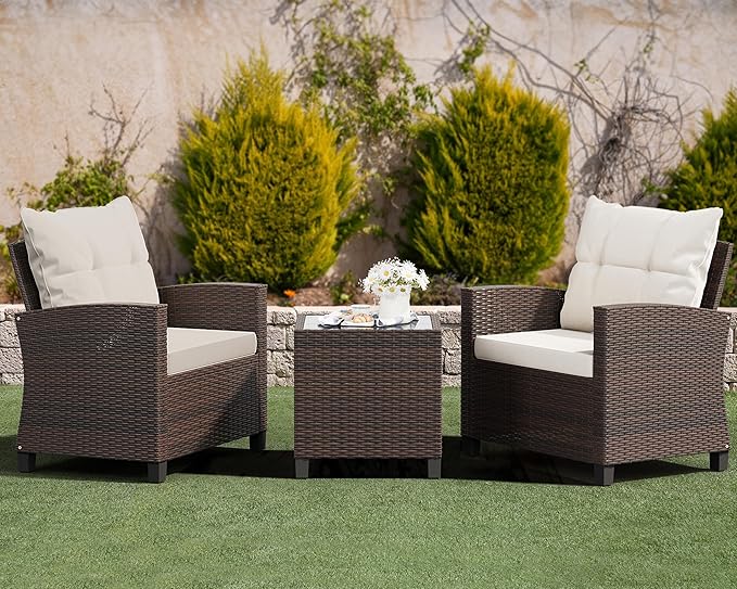 Shintenchi 3 Pieces Patio Furniture Set, PE Rattan Wicker 3 Pcs Patio Set, Outdoor Furniture Set with Two Outdoor Chairs and Table, Conversation Set for Garden, Poolside, Balcony, and Porch(Beige)