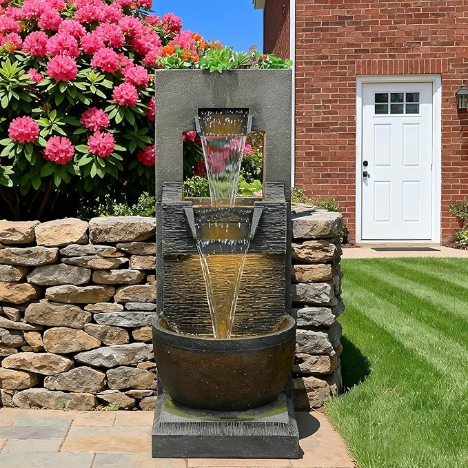39" H Modern Indoor Fountain with LED Lights and Pump, 3-Tier Standing Cascading Waterfall - Modern Design for Garden/Patio/Yard, Multi-Level Outdoor Decor 15“x14”x39“(Brown)