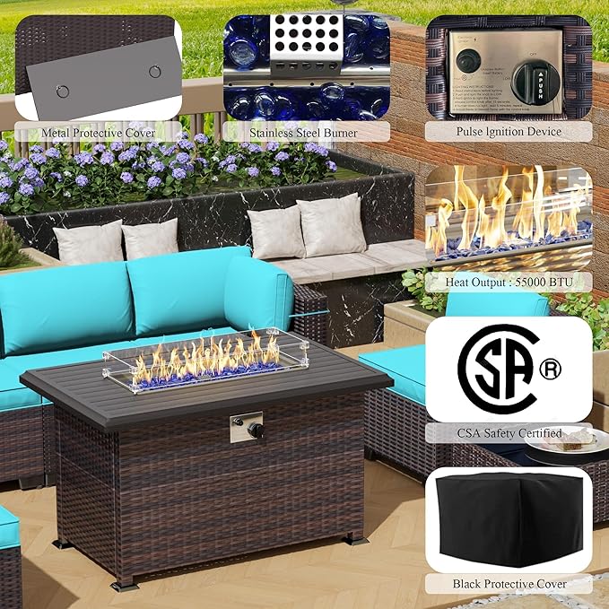 8 Pieces Outdoor Patio Furniture Set,Outdoor Sectional Furniture with 43" 55000 BTU Gas Propane Fire Pit Table,All Weather PE Rattan Wicker Patio Conversation Set,Turquoise Blue