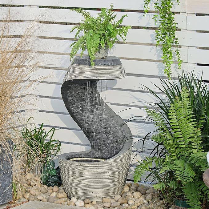 37" H S-Curve Waterfall Fountain, Floor-Standing Outdoor Water Fountain with Light, Modern Garden Water Feature Outdoor Rainfall Indoor Waterfall Feature for Patio Garden Decor