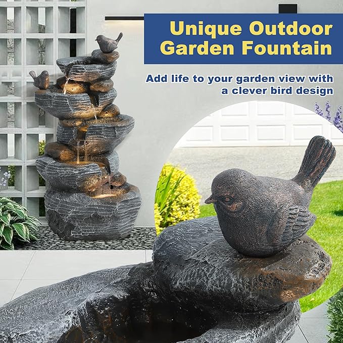 Outdoor Cascading Bird Water Fountain, 5-Tier Floor Natural Looking Rock Fountains with LED Pump Birds Decor, Freestanding Resin Fountain and Cascading Water Feature for Patio Garden, Grey