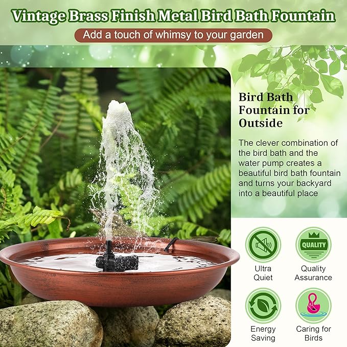 Bird Bath Fountain for Outside, 13.5" Garden Metal Bird Bath Bowl with 8W Water Pump, 2 Nozzles Adjustable Water Fountain for Backyard Patio Garden and Outdoor Water Features