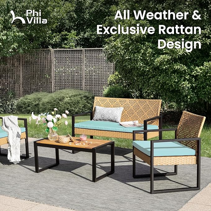 PHI VILLA Patio Wicker Furniture Set for 4, Yellow Rattan Loveseat & Chairs with Cyan Cushions & Acacia Wood Coffee Table, Outdoor Modern Conversation Sofa Set for Deck, Yard, Porch
