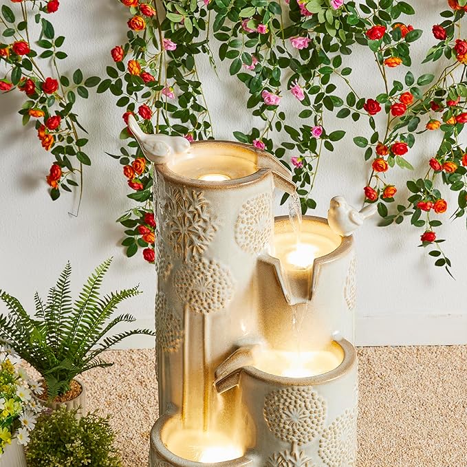 Glitzhome Water Fountain Outdoor with LED Lights, 4-Tier Vase Shaped Ceramic Outdoor Fountain, Dandelion Glaze Water Fountains Feature for Garden Backyard Patio, Sand Beige, 31.7”H