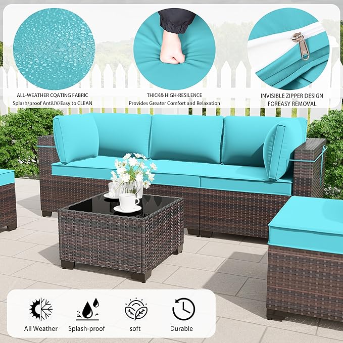 9 Pieces Outdoor Patio Furniture Set,Outdoor Sectional Furniture All Weather PE Rattan Wicker Patio Conversation Set with Coffee Table and 8 Thickened Cushions,Turquoise Blue