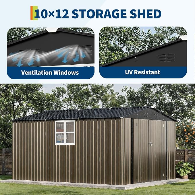 10X12 FT Storage Shed，Lockable Gable Roof Garden Shed with Grid Window, All-Weather Resistant Storage Unit for Bikes, Ladders, Patio Supplies & Garden Essentials - Image 4
