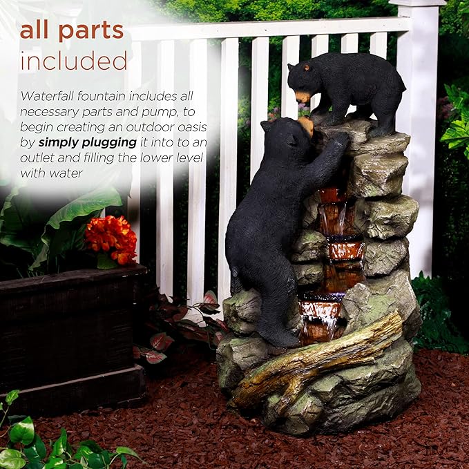Alpine Corporation 36" Tall Indoor/Outdoor 2 Bears Climbing Rainforest Water Fountain with LED Lights, Cascading Wildlife Water Feature for Garden, Patio, and Home Decor, Brown