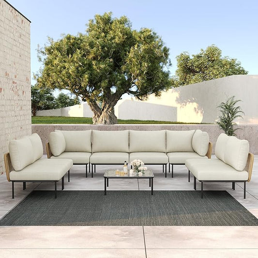 LayinSun 9 Pieces Aluminum Patio Furniture Set, Modern Modular Sectional Sofa with Coffee Table and Upgrade Thickness Cushion