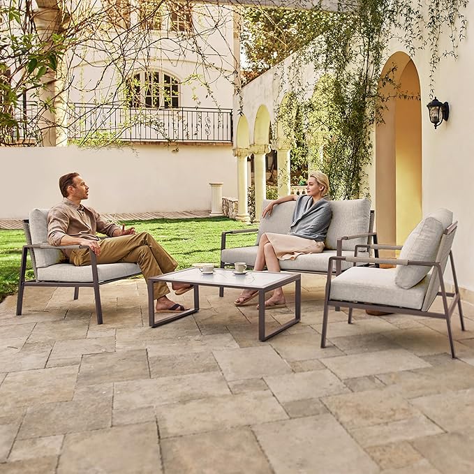 East Oak 4-Piece Patio Furniture Set with Thick Cushions, 4 Seats Waterproof Outdoor Patio Set with Rattan Armrests, Loveseat and Coffee Table for Backyard, 2024 Coast Patio Conversation Set in Beige