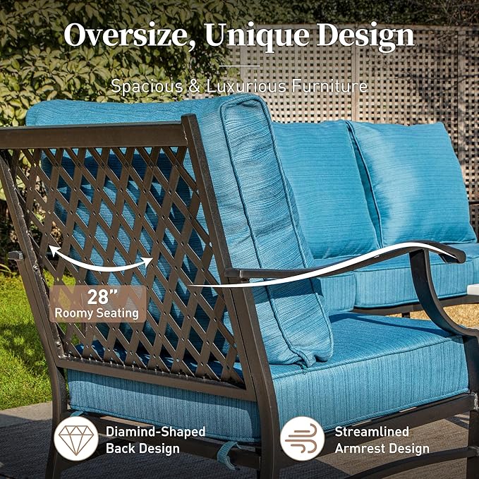 6 Piece Metal Outdoor Patio Furniture Set, Patio Conversation Set 3-seater Sofa, 2 Rocking Chair, 2 Ottomans with 5.75" Thick Cushion and Coffee Table, Black Backyard Furniture, Blue-2