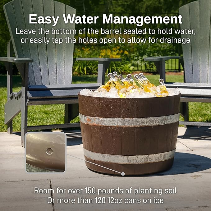 RTS Home Accents Better Barrel Heavy Duty 24” Planter with Rusting Steel Bands, Walnut Color