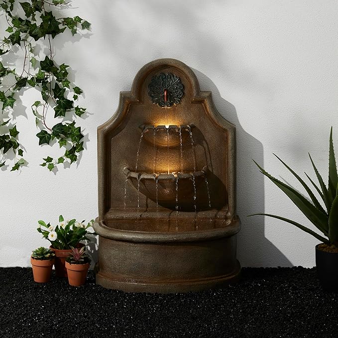 Glitzhome 37.25" H Outdoor Garden Water Fountain with LED Lights and Pump, Oversized Antique European Style 3-Tier Polyresin Cascading Floor-Standing Fountain for Porch Deck Patio Backyard Decoration