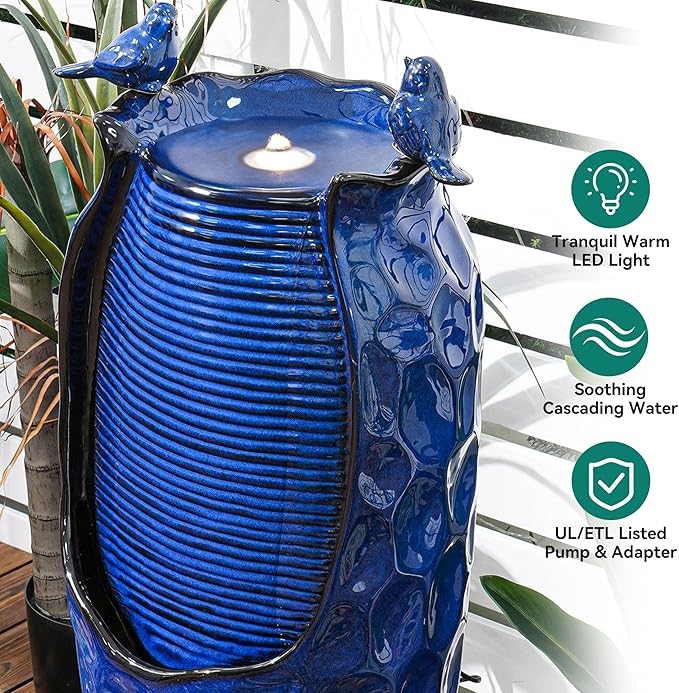 32.5" H Ceramic Jar Outdoor Fountain, Honeycomb Pot Water Feature with LED Lights, Soothing Trickling Waterfall for Garden, Patio, Yard, Balcony Oasis, KD Vivid Birds, Cobalt Blue Glaze