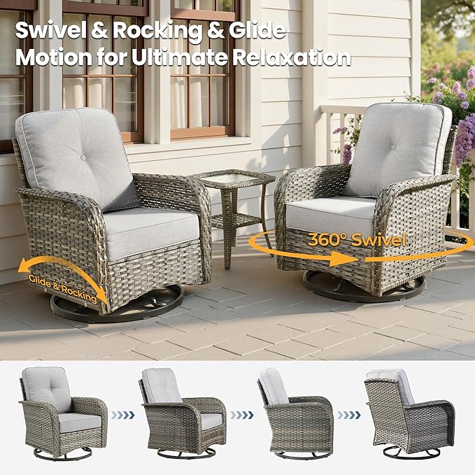 Weaxty Outdoor Swivel Rocker Patio Chairs, 3 Pieces Patio Furniture Set with Rocking Chair and Wicker Side Table, Outdoor Furniture Conversation Set for Porch, Deck, Yard, Balcony, Light Gray