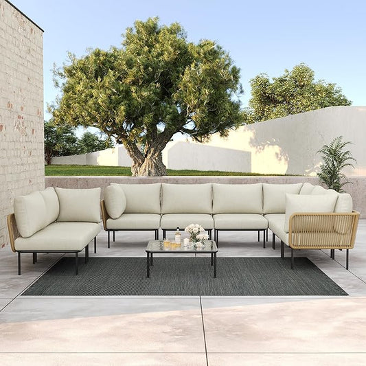 LayinSun 9 Pieces Aluminum Patio Furniture Set, Modern Modular Sectional Sofa with Coffee Table and Upgrade Thickness Cushion
