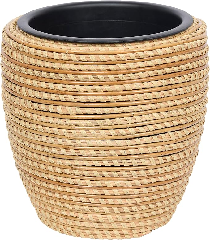 Alpine Corporation Indoor/Outdoor Poly Rattan Planters with Removable Inserts, Aesthetic Lawn and Garden Decor, Beige - Set of 3 Sizes